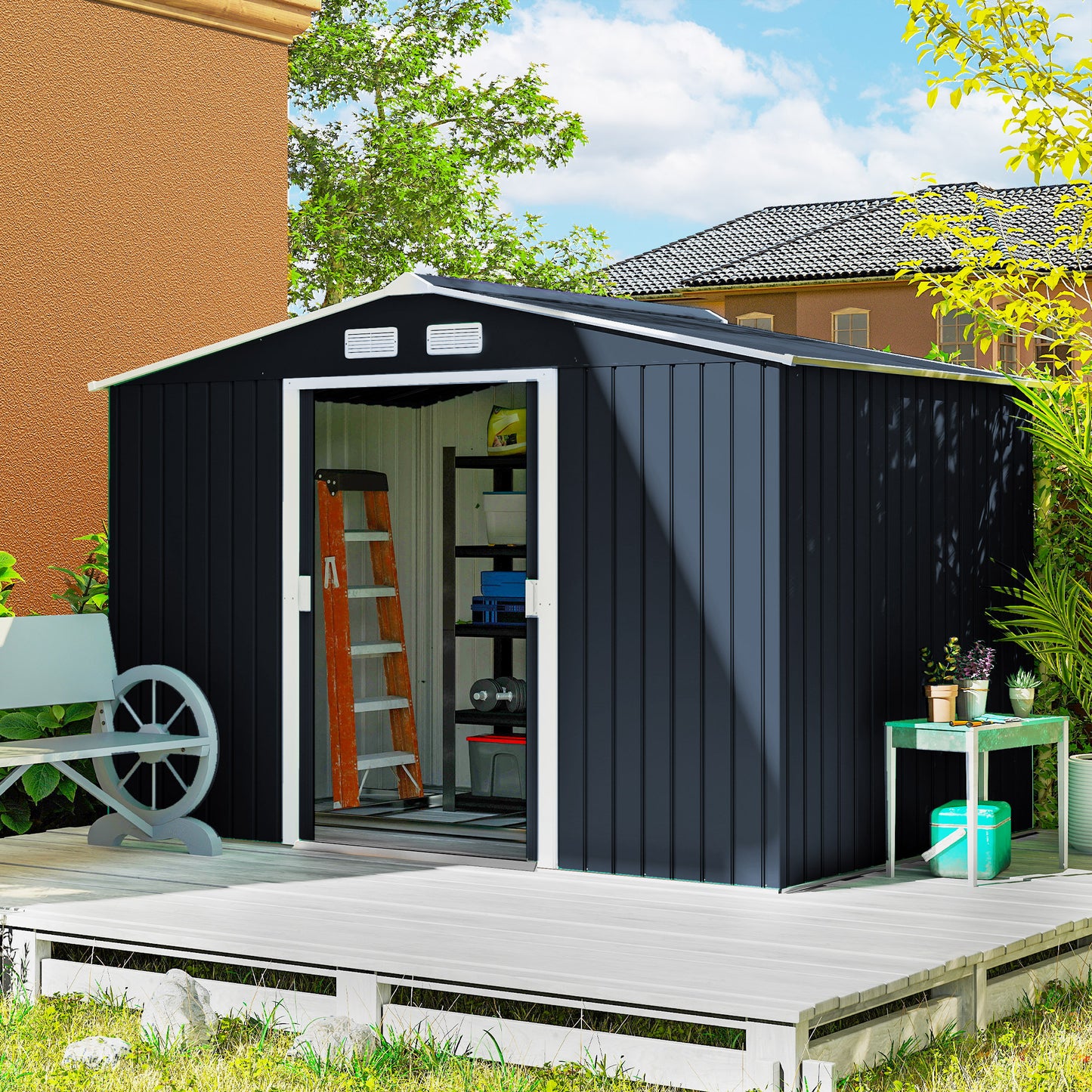 9 x 6ft Metal Bicycle Shed, Outdoor Storage Tool House with Ventilation Slots, Foundation Kit and Lockable Double Doors