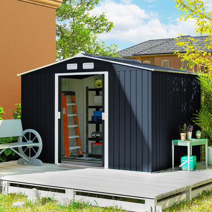 9 x 6ft Metal Bicycle Shed, Outdoor Storage Tool House with Ventilation Slots, Foundation Kit and Lockable Double Doors