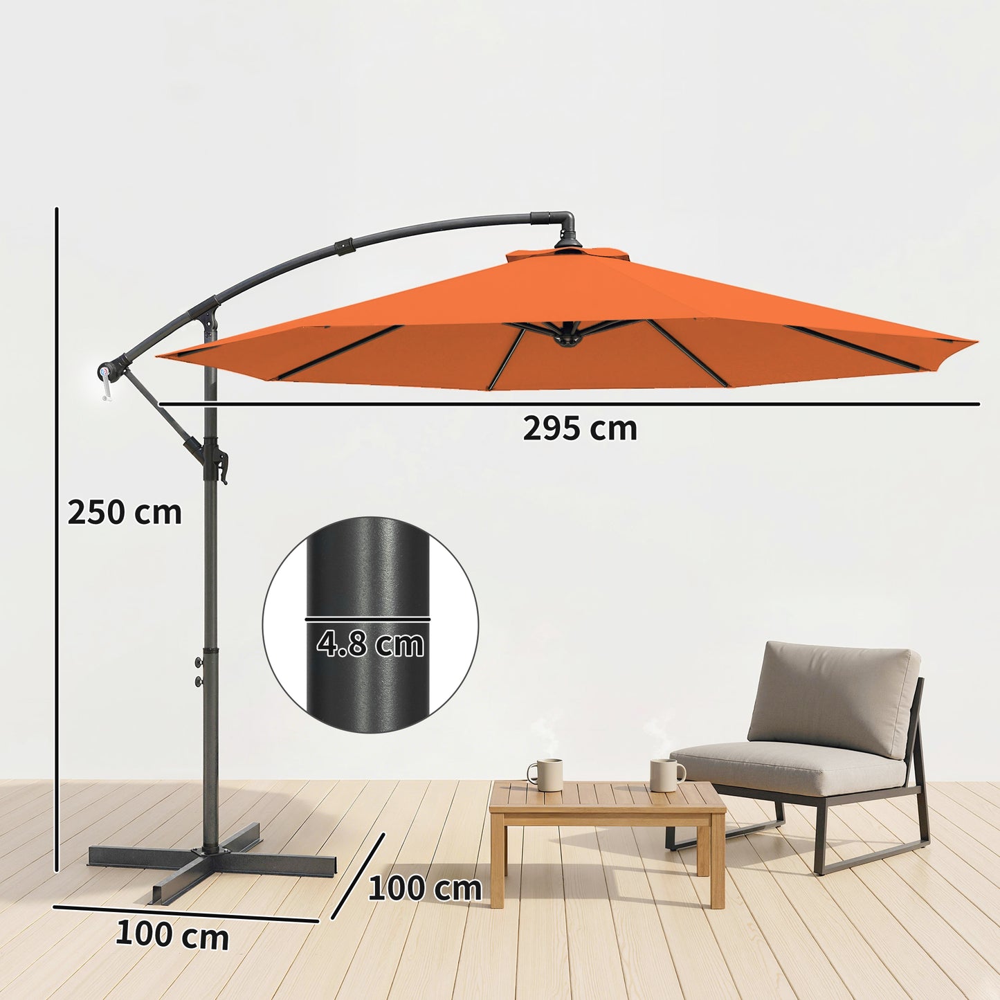3 m Cantilever Parasol with Cross Base, Offset Outdoor Umbrella with Crank Handle, Hanging Sun Shade, Orange