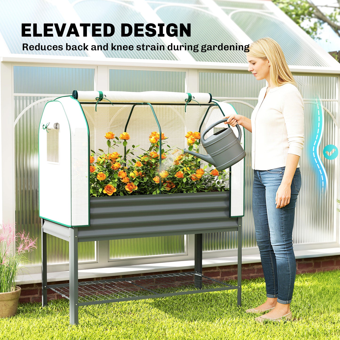Galvanised Raised Planter with Greenhouse Cover, Metal Raised Garden Bed on Legs with Bed Liner and Bottom Shelf