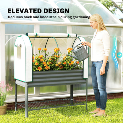 Galvanised Raised Planter with Greenhouse Cover, Metal Raised Garden Bed on Legs with Bed Liner and Bottom Shelf