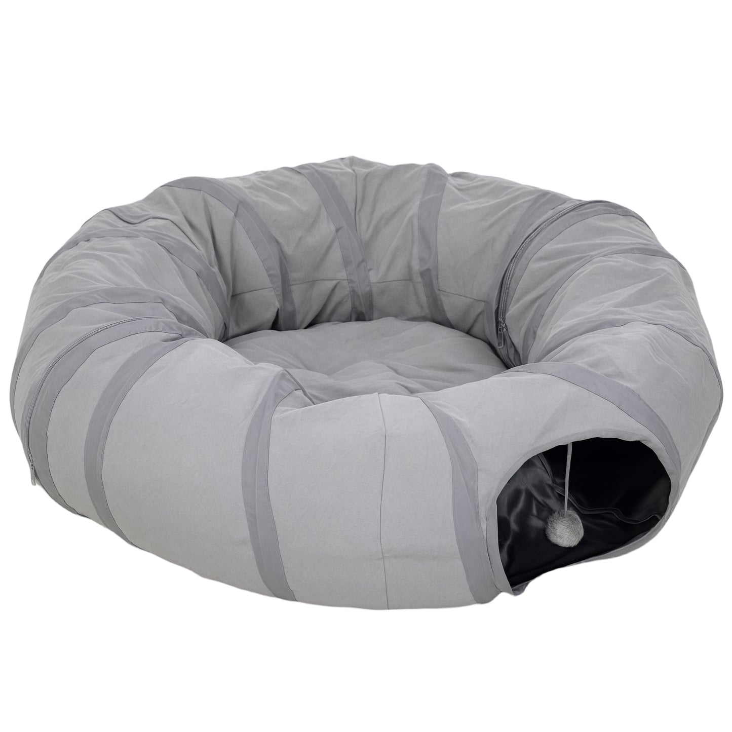 2 in 1 Cat Tunnel with Bed, Cat Play Tunnel with Ball & Peek Hole for Indoor Cats, Grey