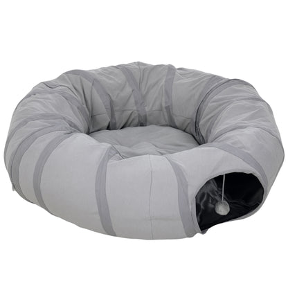2 in 1 Cat Tunnel with Bed, Cat Play Tunnel with Ball & Peek Hole for Indoor Cats, Grey