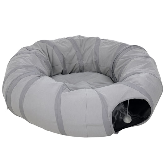 2 in 1 Cat Tunnel with Bed, Cat Play Tunnel with Ball & Peek Hole for Indoor Cats, Grey