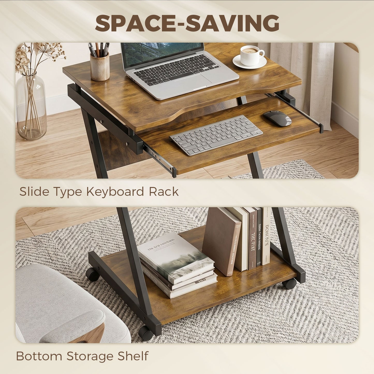 Movable Computer Desk with 4 Moving Wheels and Keyboard Tray