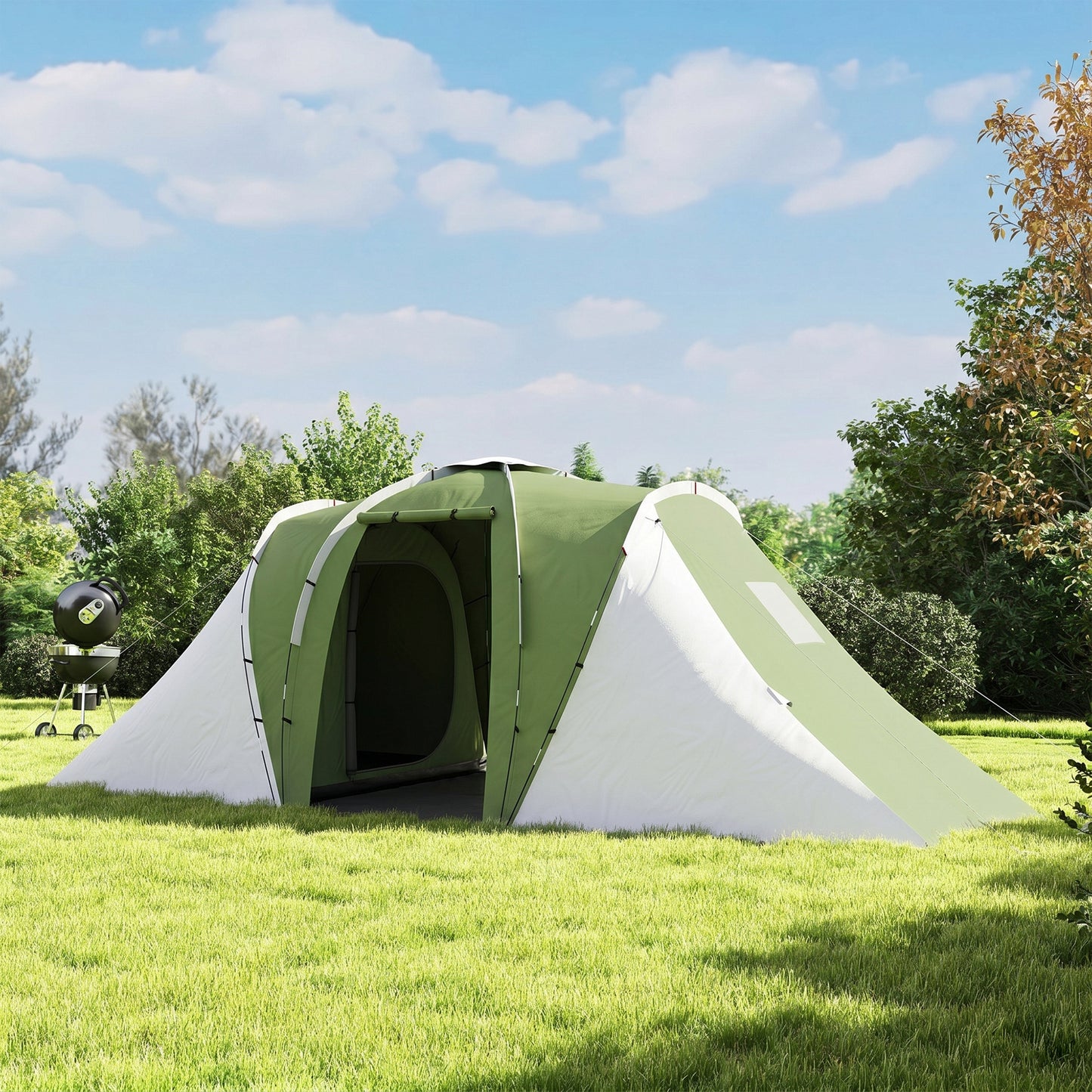 Large Camping Tent Tunnel Tent with 2 Bedroom and Living Area, 2000mm Waterproof, Portable with Bag for 4 Man, Green