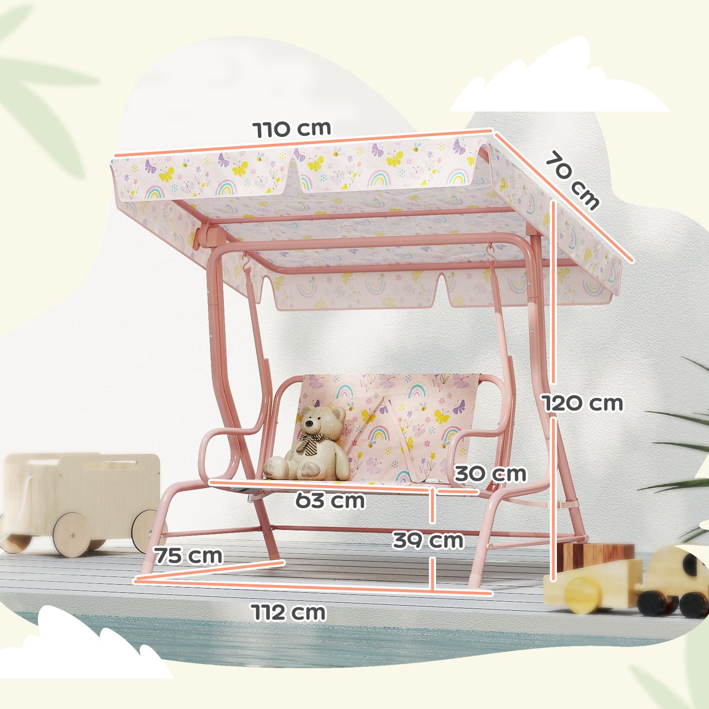 Kids Garden Swing Chair with Adjustable Canopy, Safety Belt, 2 Seater Hammock Swing Bench for Patio, Porch, Pink