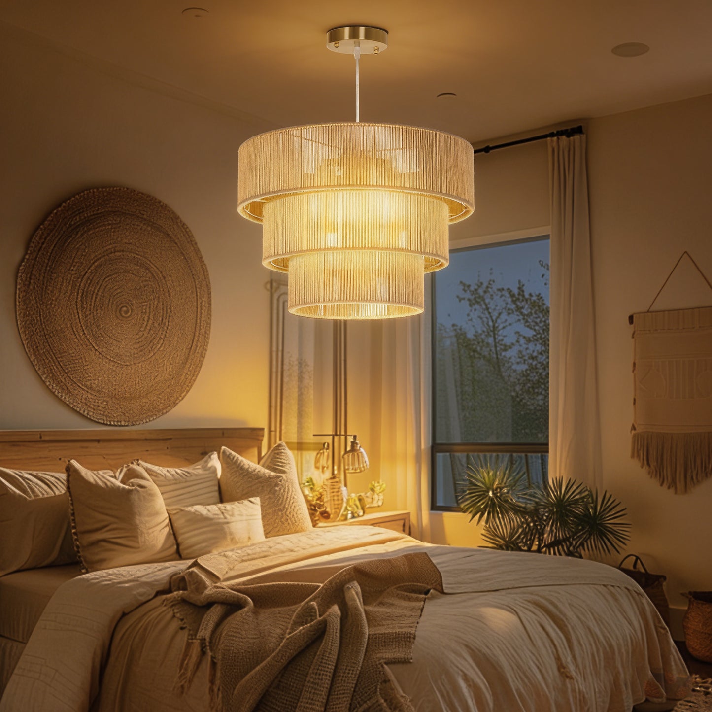 Hemp Rope Ceiling Light, 3-Layer Boho Pendant Light, 4 x E14 Vintage Ceiling Lamp Fixtures for Living Room, Bedroom, Kitchen