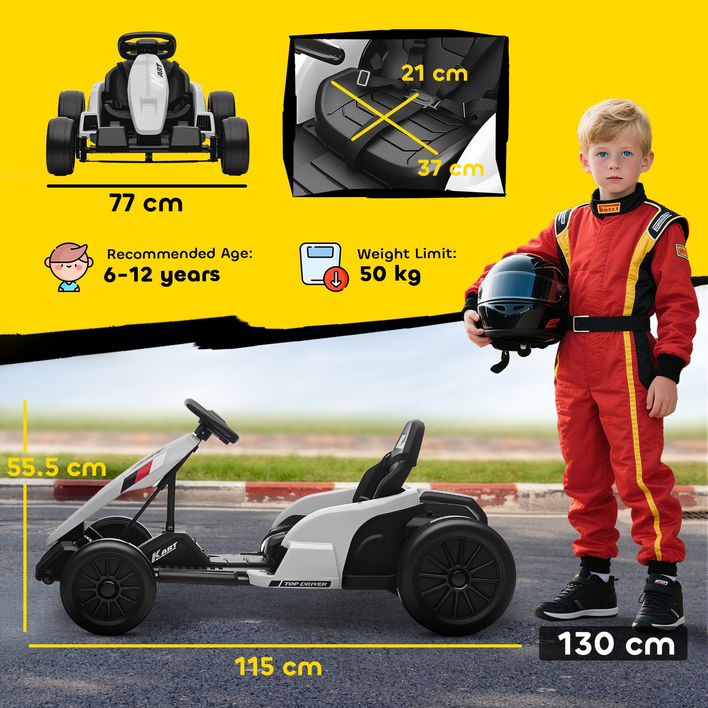 24V Electric Go Kart, Drift Kart with Adjustable Seat, Slow Start, 5-Point Harness, Music, for 6-12 Years, White