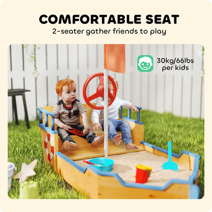 Kids Sand Pit, Children Pirate Ship Sandbox with Bench, Bottom Liner, Seat, Natural Wood Tone