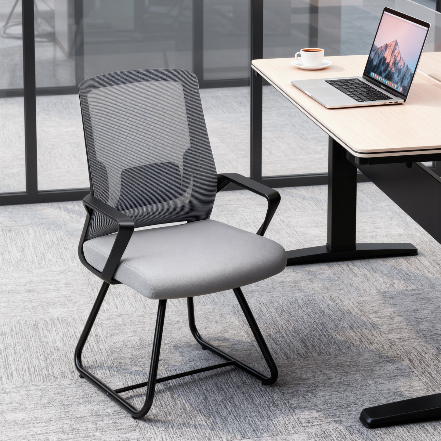 Desk Chair No Wheels, Office Chair with Mesh Back, Lumbar Support, Metal Base for Waiting Room, Conference Room, Dark Grey