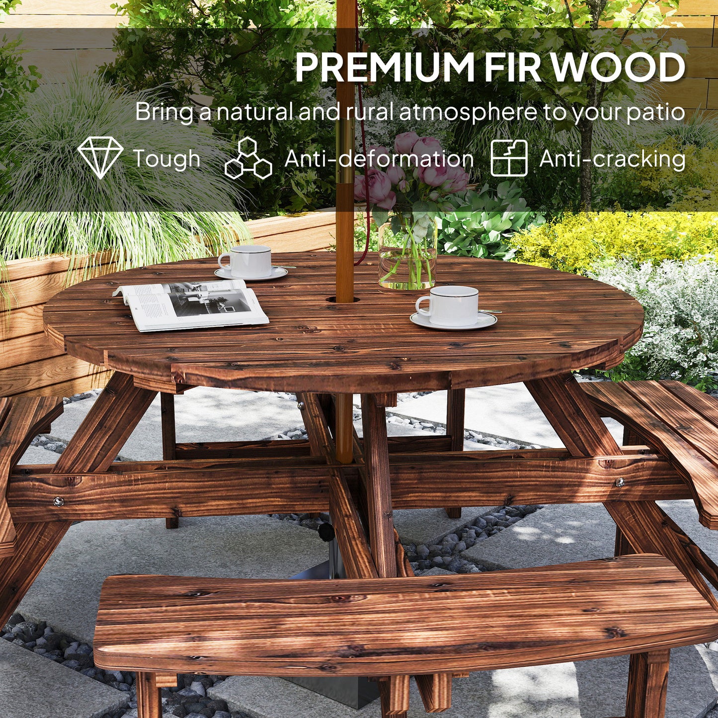Wooden Garden Dining Set, 8 Seater Patio Furniture Set with Round Picnic Table, Parasol Hole for Outdoor Garden, Tan