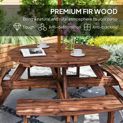 Wooden Garden Dining Set, 8 Seater Patio Furniture Set with Round Picnic Table, Parasol Hole for Outdoor Garden, Tan