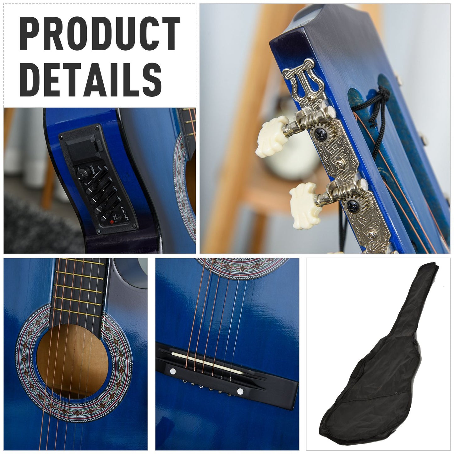 38 Inch Full Size Acoustic Electric Guitar, Classical Beginner Junior Adult Guitar Gloss Finish with Carrying Case, Strap