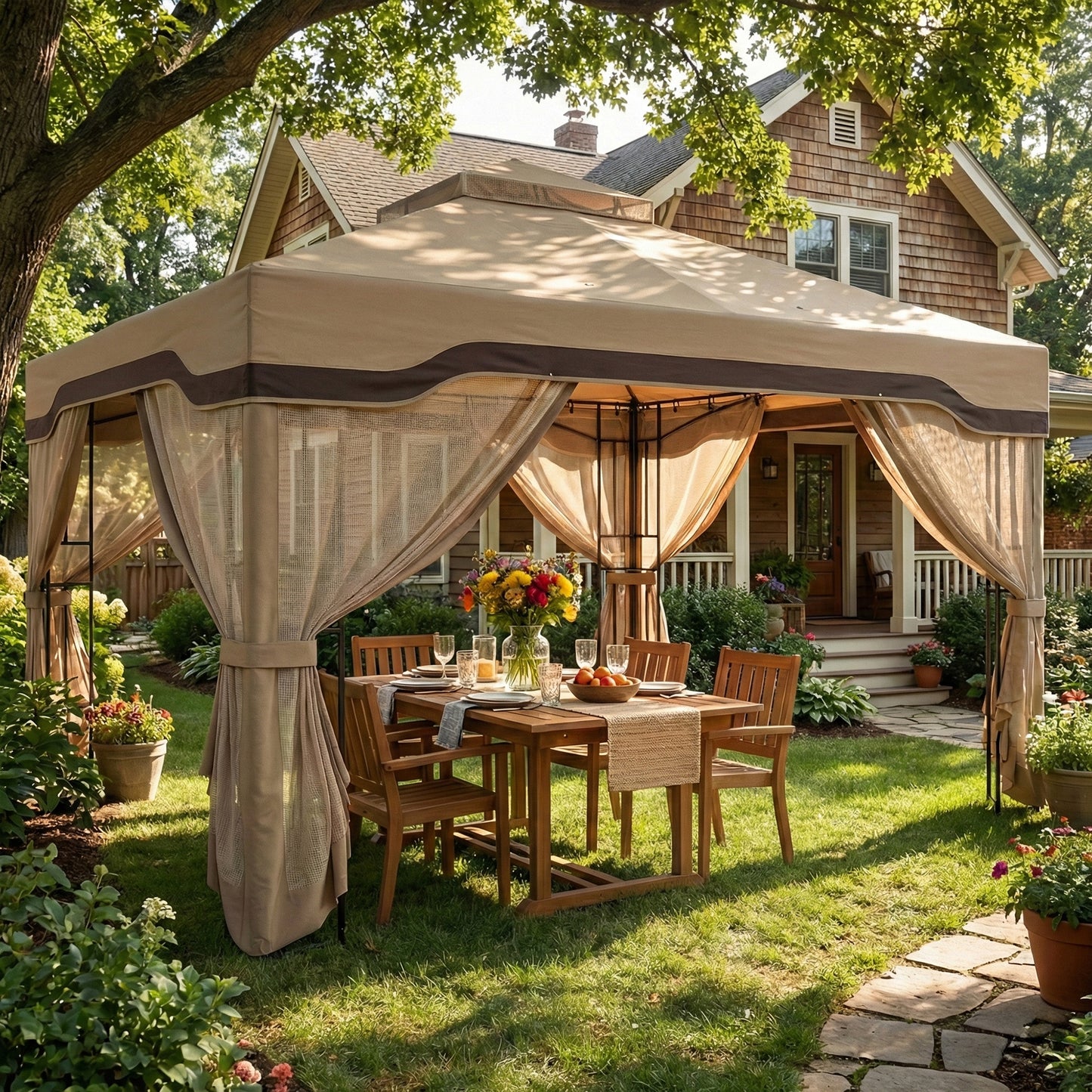 3 x 3.6 m Outdoor Garden Gazebo with Post Shelves, UPF50+ Patio Permanent Pavilion with Hook, Khaki