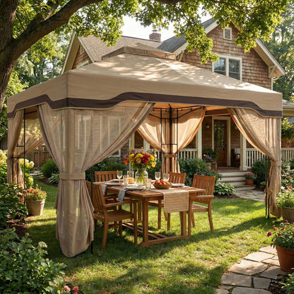 3 x 3.6 m Outdoor Garden Gazebo with Post Shelves, UPF50+ Patio Permanent Pavilion with Hook, Khaki