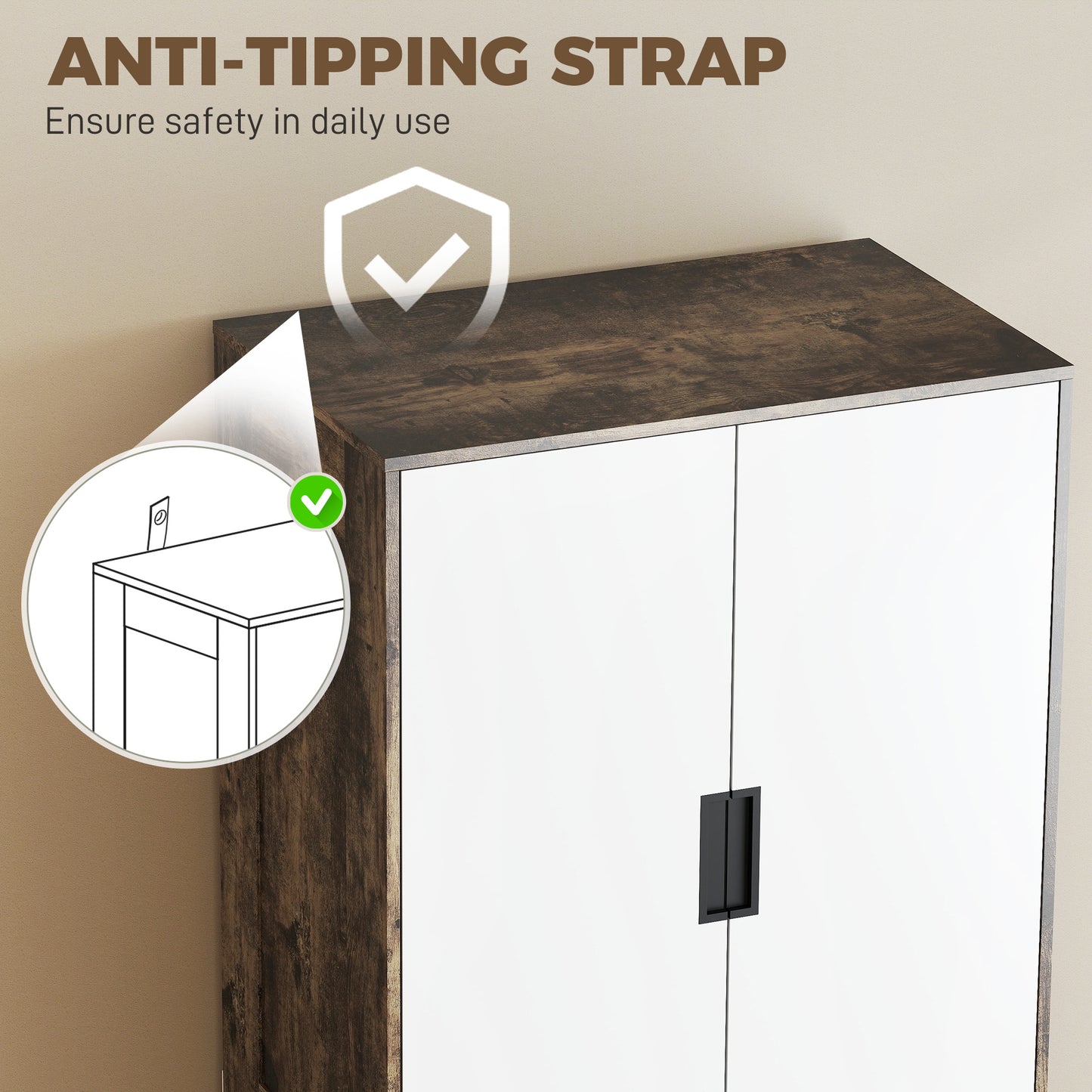 Modern Clothes Storage Cupboard Unit, 3 Drawer 2 Door Wardrobe with Hanging Rod, Rustic Brown
