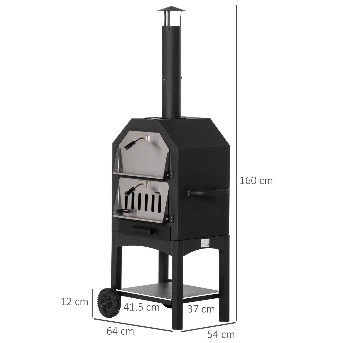 Outdoor Garden Pizza Oven Charcoal BBQ Grill 3-Tier Freestanding w/ Chimney, Mesh Shelf, Thermometer Handles