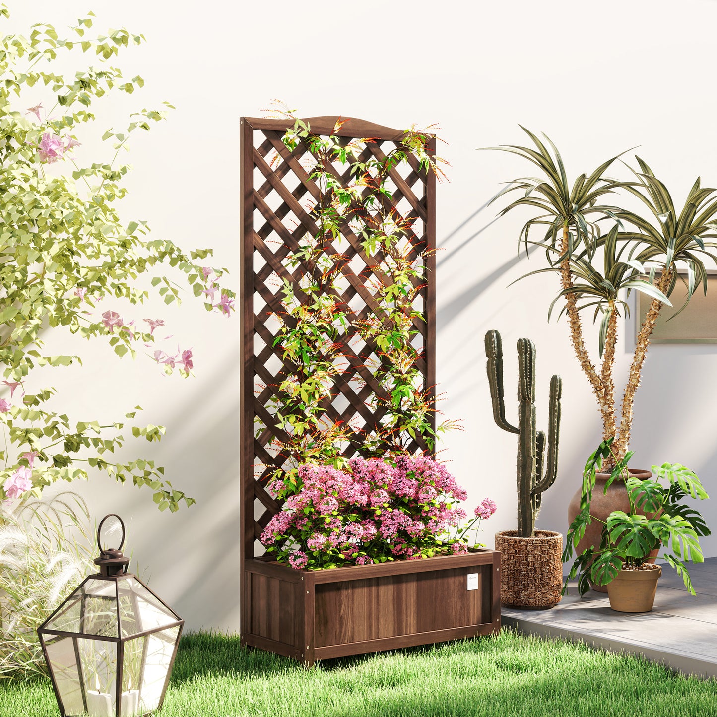 Wooden Planter with Trellis, Freestanding Raised Bed for Garden with Lattice, Outdoor Planter Box for Climbing Plants, Vines