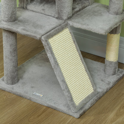138cm Cat Tree, Multi-Level Cat Tower with Scratching Posts and Pad, Bed, Condos, Platforms, Toy Balls, Light Grey