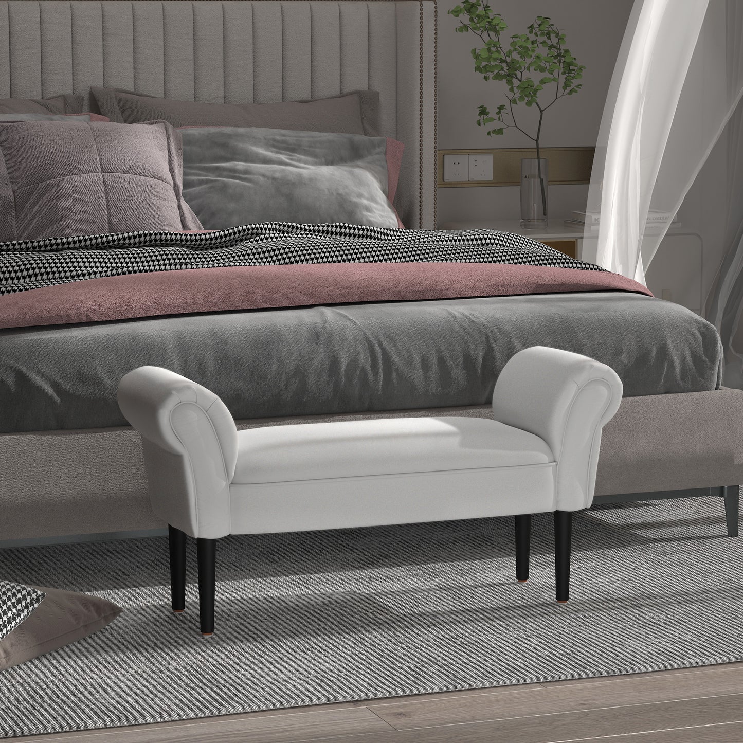 End of Bed Bench, Upholstered Window Seat with Arms and Wooden Legs, Modern Shoe Bench for Entryway, Living Room, Bedroom