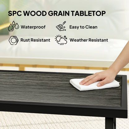 Metal Garden Coffee Table, Outdoor Side Table with SPC Woodgrain Tabletop for Outside, 100 x 52 x 46cm, Dark Grey