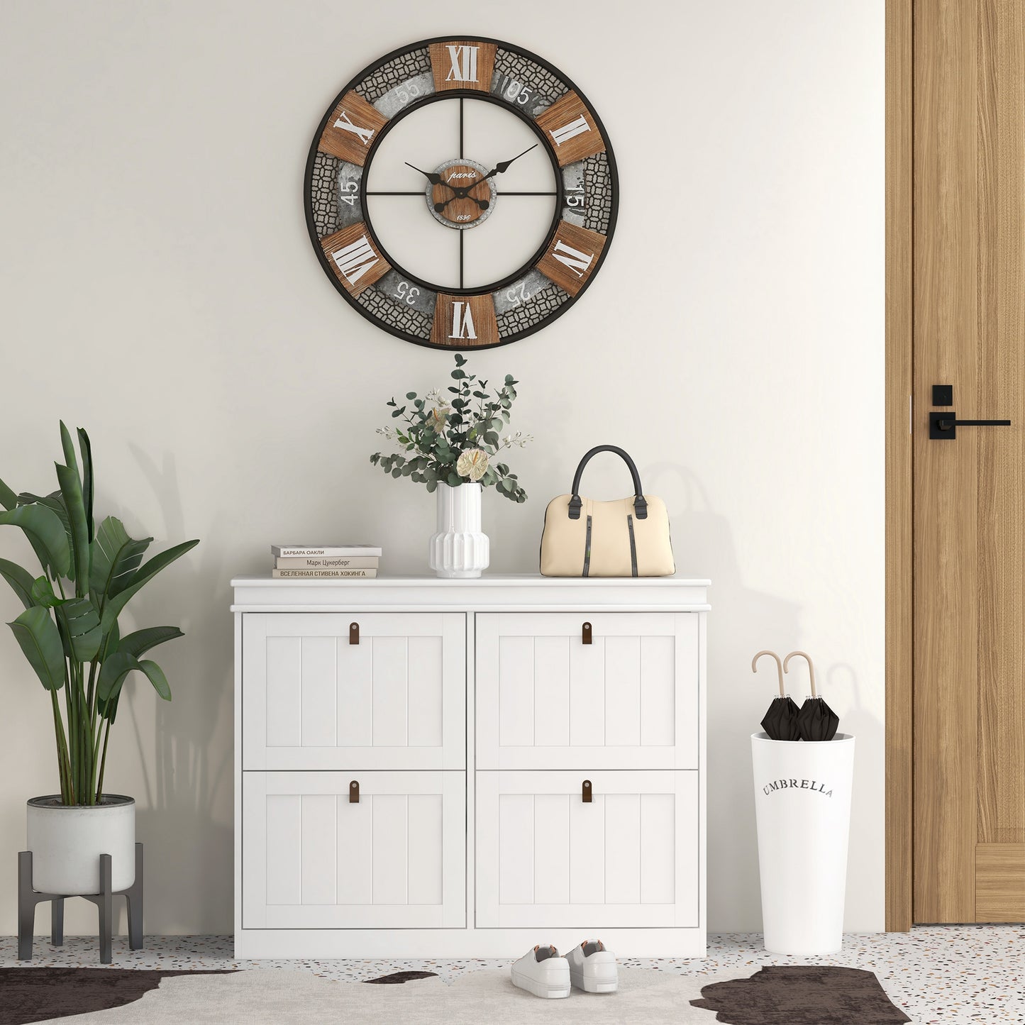 Slim Shoe Cabinet, Shoe Cabinet with 4 Drop-Down Drawers, 105W x 24D x 82.5H cm, White