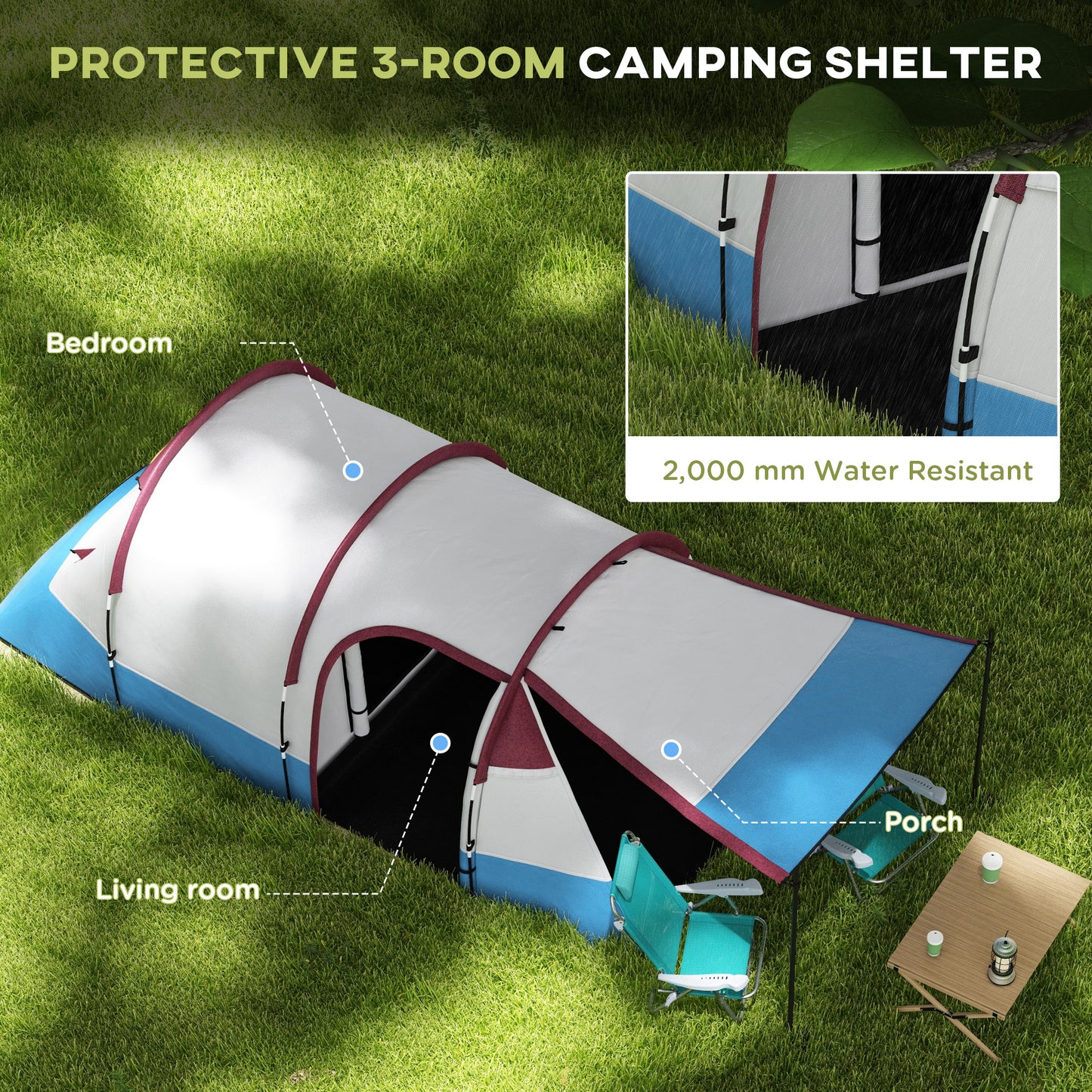 Two Man Two-Room Tent, with Porch and Accessories - Red