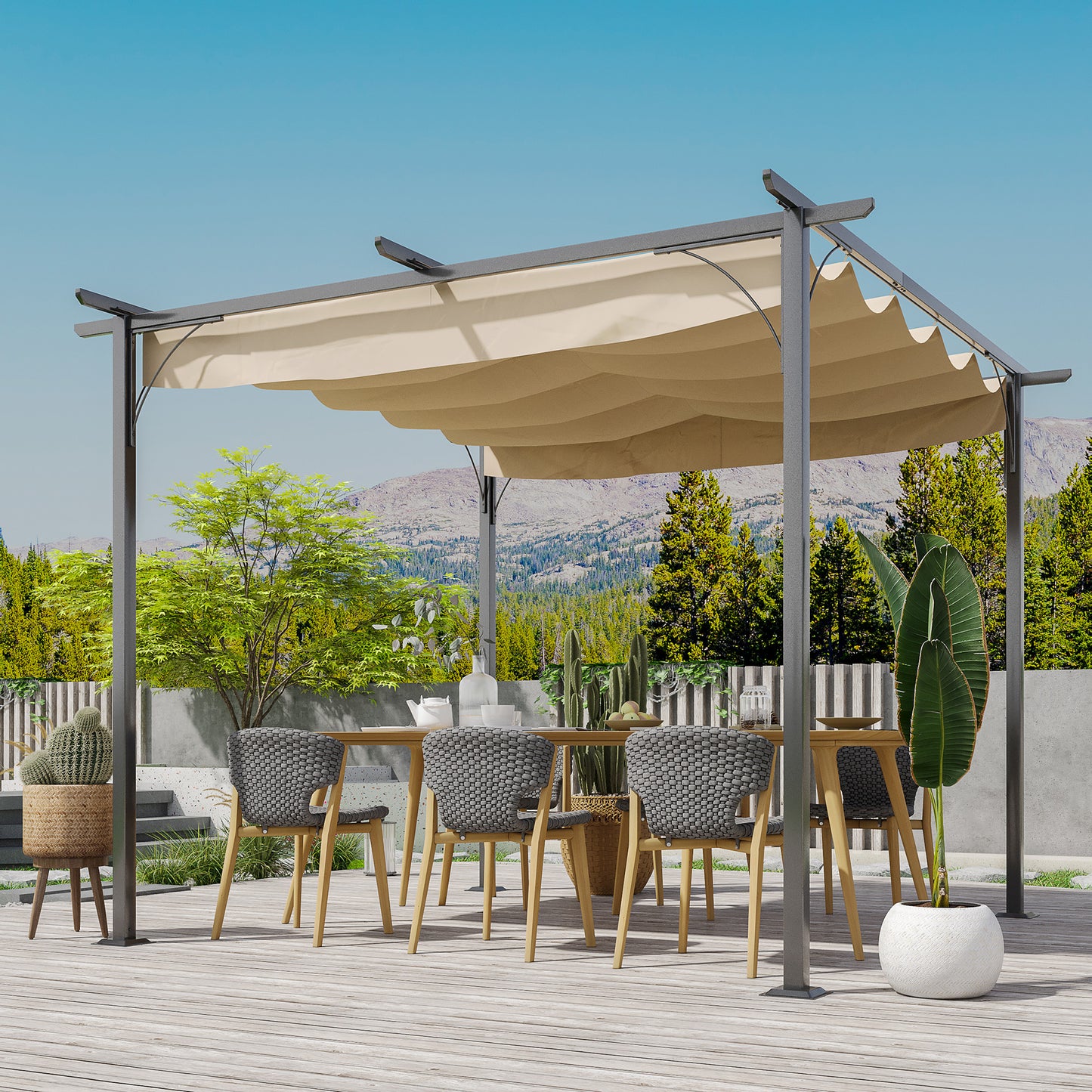 3 x 3(m) Metal Pergola with Retractable Roof, Garden Gazebo Metal Pergola Canopy for Party BBQ, Beige