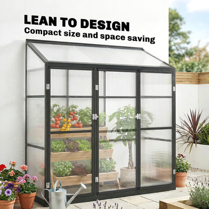 Polycarbonate Greenhouse with 3 Hinged Doors, Top Vent, Lean-to Green House, Walk-in Greenhouse, 6 x 1.5ft, Black