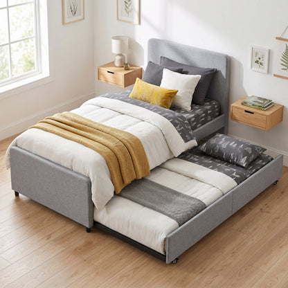 3ft Single Bed Frame with Trundle, Upholstered Pull Out Trundle Bed with Headboard and Footboard, Light Grey