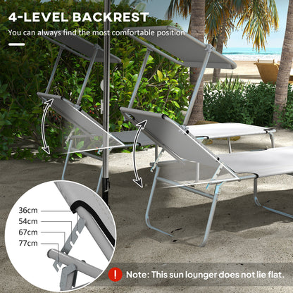 Folding Sun Lounger Set of 2 with Canopy, Reclining Sunbed with 4-Position Adjustable Backrest, 600D Oxford Cloth