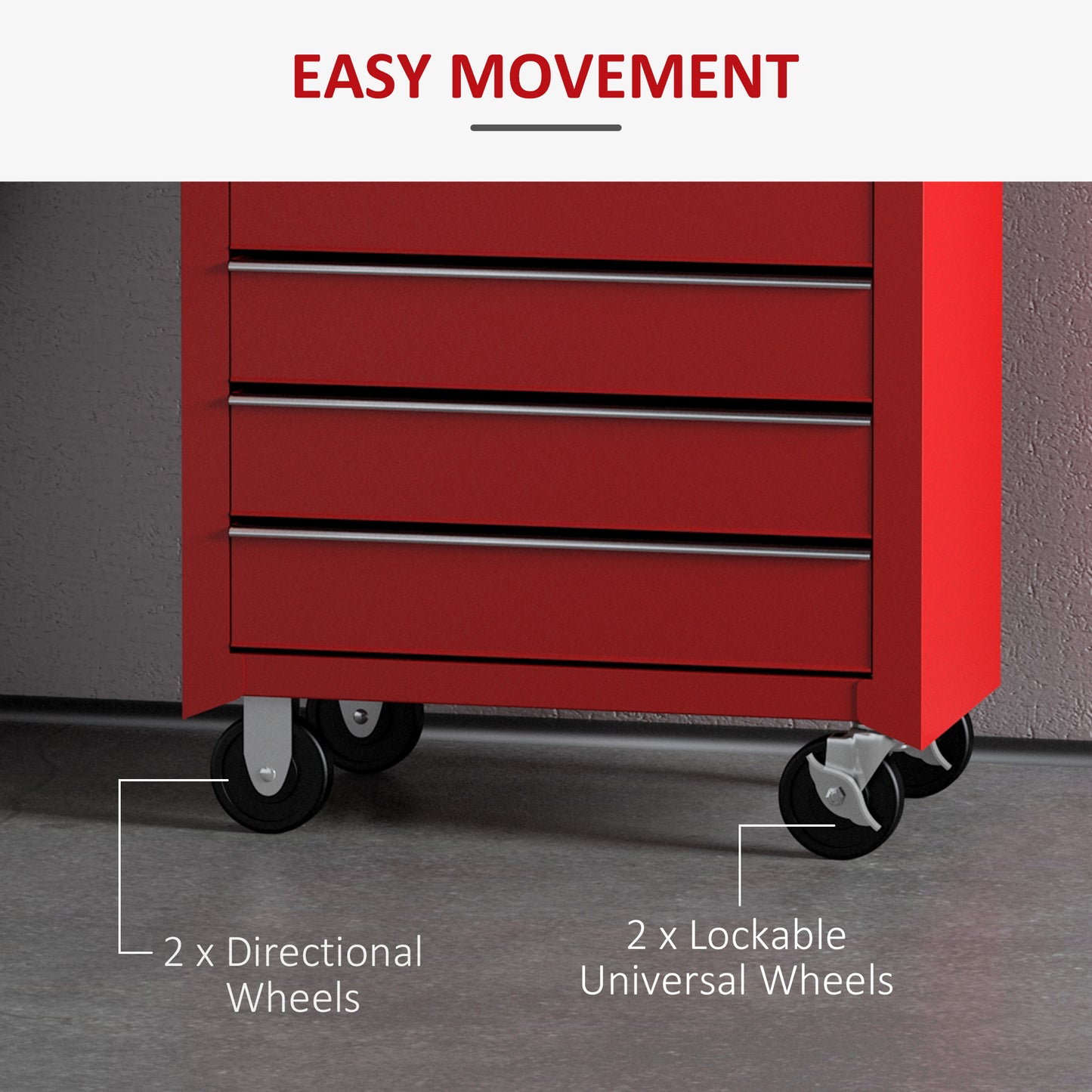 5 Drawer Tool Box on Wheels, Lockable Steel Tool Cabinet with Side Handle, Red