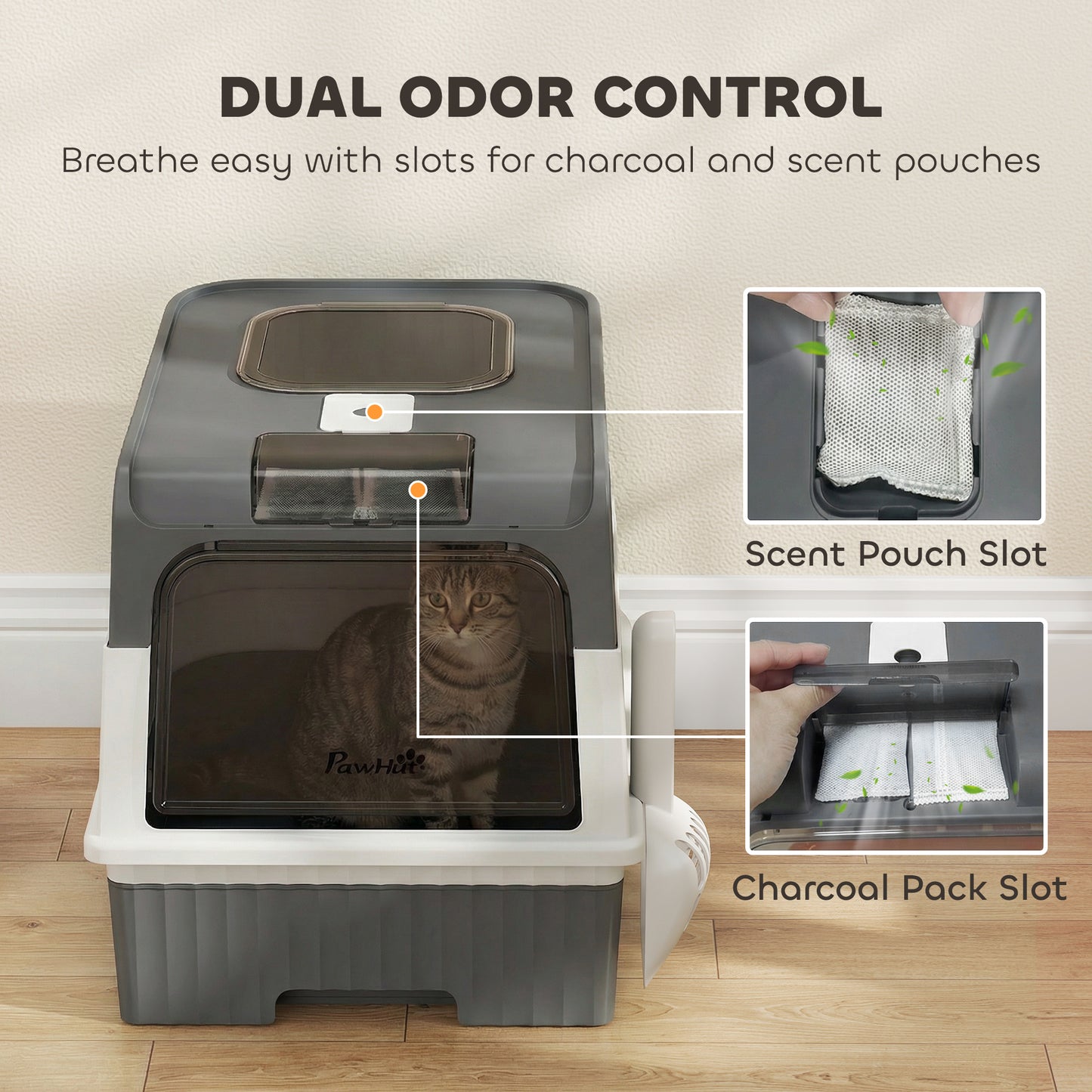 Enclosed Cat Litter Box with Lid, Pull-Out Drawer Tray, Scoop, 4 Deodorisation Bags, Front Entry & Top Exit, Grey
