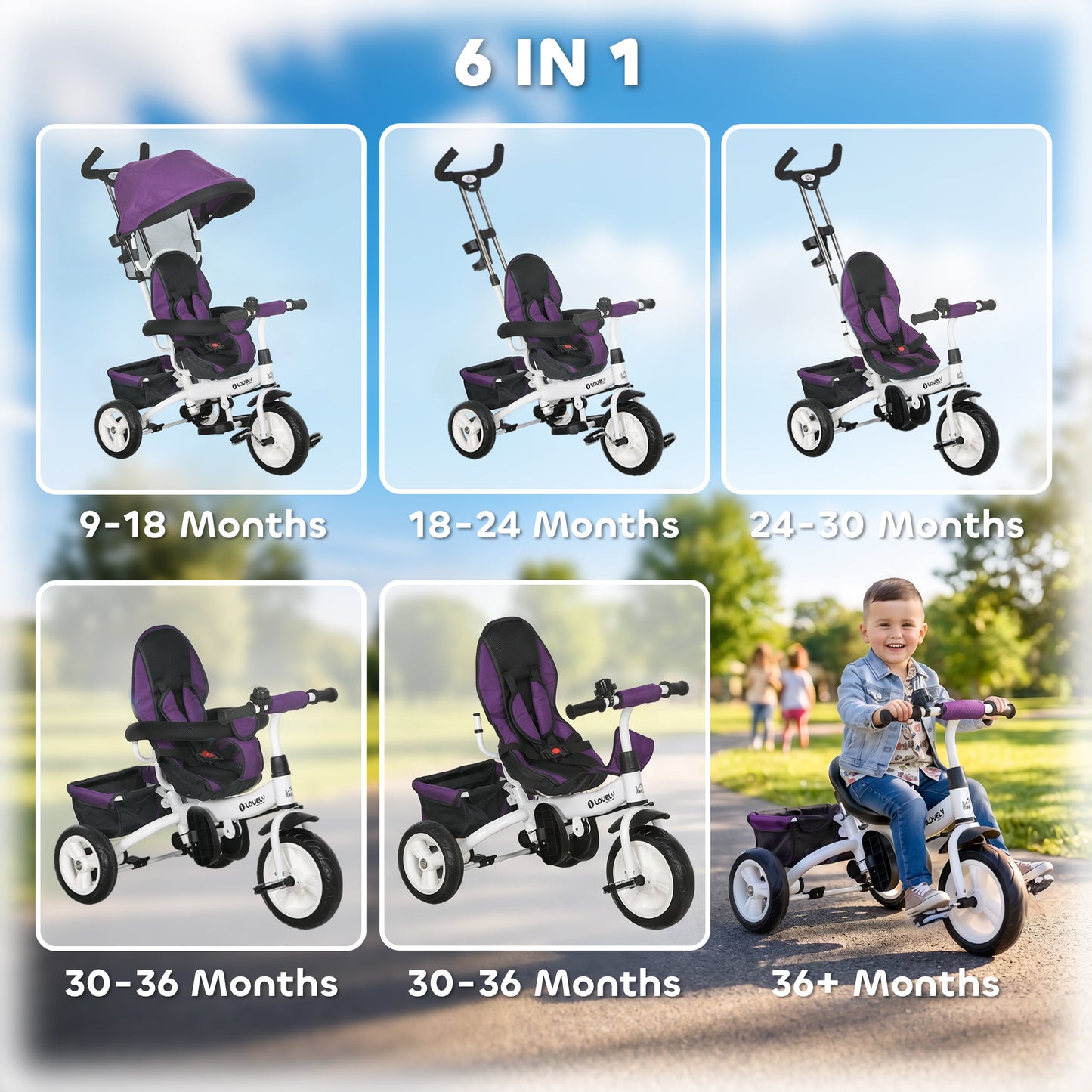 6 in 1 Kids Trike Push Bike w/ Push Handle, Canopy, 5-point Seat Belt, Storage, Footrest, Brake, for 1-5 Years, Purple