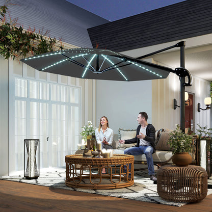 3(m) Cantilever Garden Parasol with Solar Powered Lights, Crank Handle & Cross Base, UPF 50+, 360° Rotation, Dark Grey