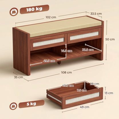 Boho Shoe Bench with 2 Rattan Drawers, Shoe Storage Bench with Cushioned Seat and Open Shelf Brown