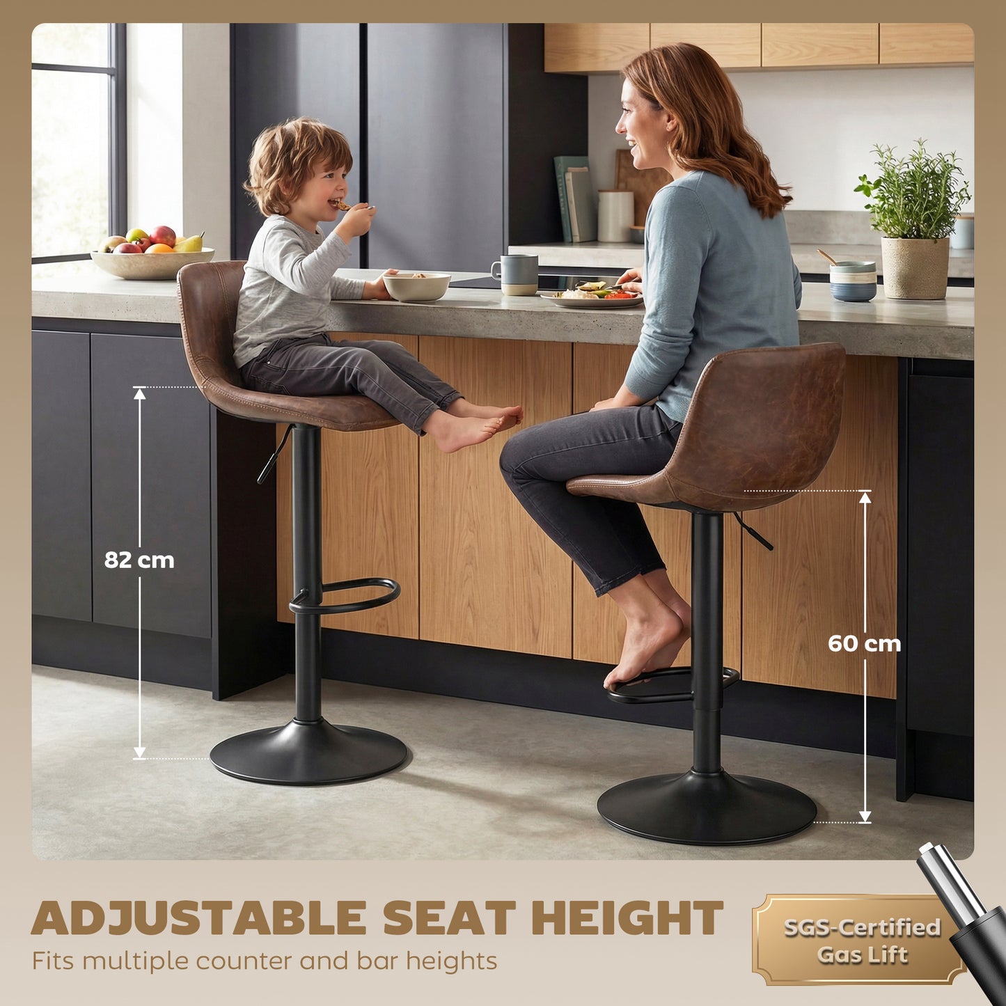 Bar Stools Set of 2, Modern Swivel Barstools with Footrest for Kitchen Island and Dining Room, Brown