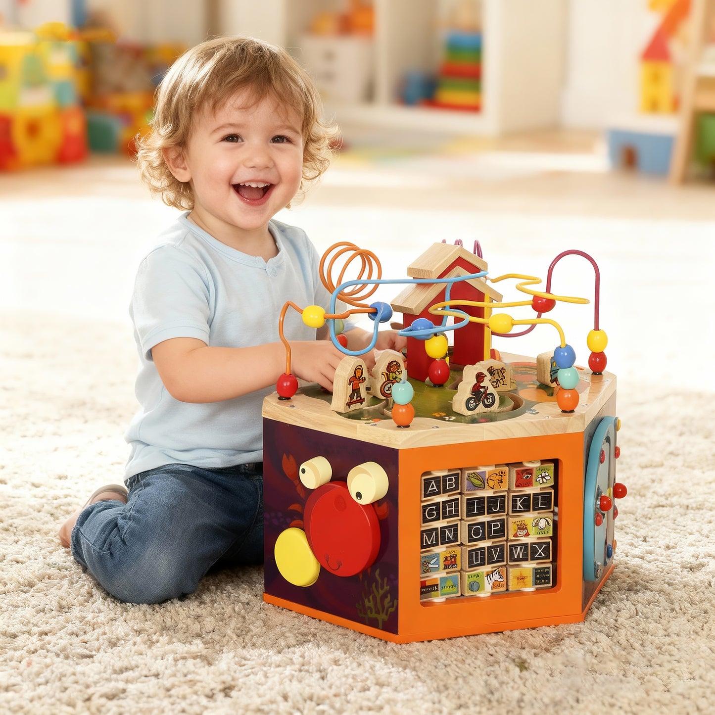 8 in 1 Wooden Activity Cube with Bead Maze, Shape Sorter, for Kids Boys Girls 18+ Months