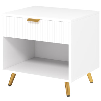 Elegant Bedside Table, with Drawer and Shelf - White/Gold Tone