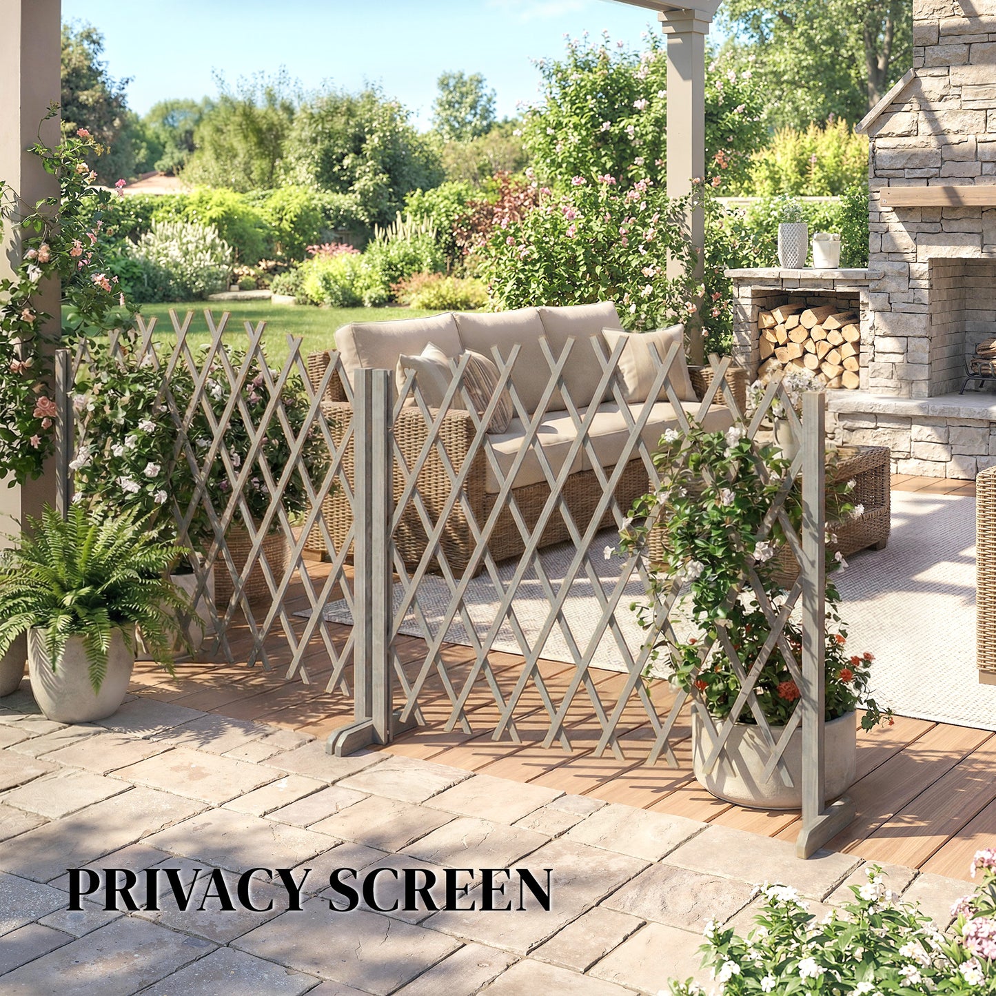 2 Pack Expanding Fence Panels, Wooden Freestanding Garden Fence with Stable Feet, 180 x 30 x 103cm, Dark Grey