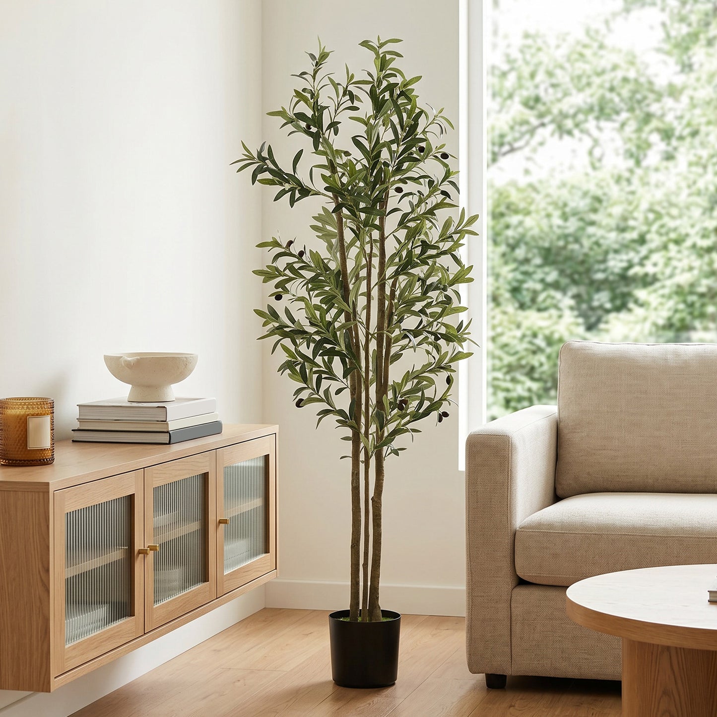 Decorative Artificial Plant, 175 cm Silk Olive Tree with 787 Leaves in Cement Pot, Fake Plant