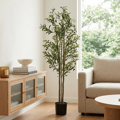 Decorative Artificial Plant, 175 cm Silk Olive Tree with 787 Leaves in Cement Pot, Fake Plant