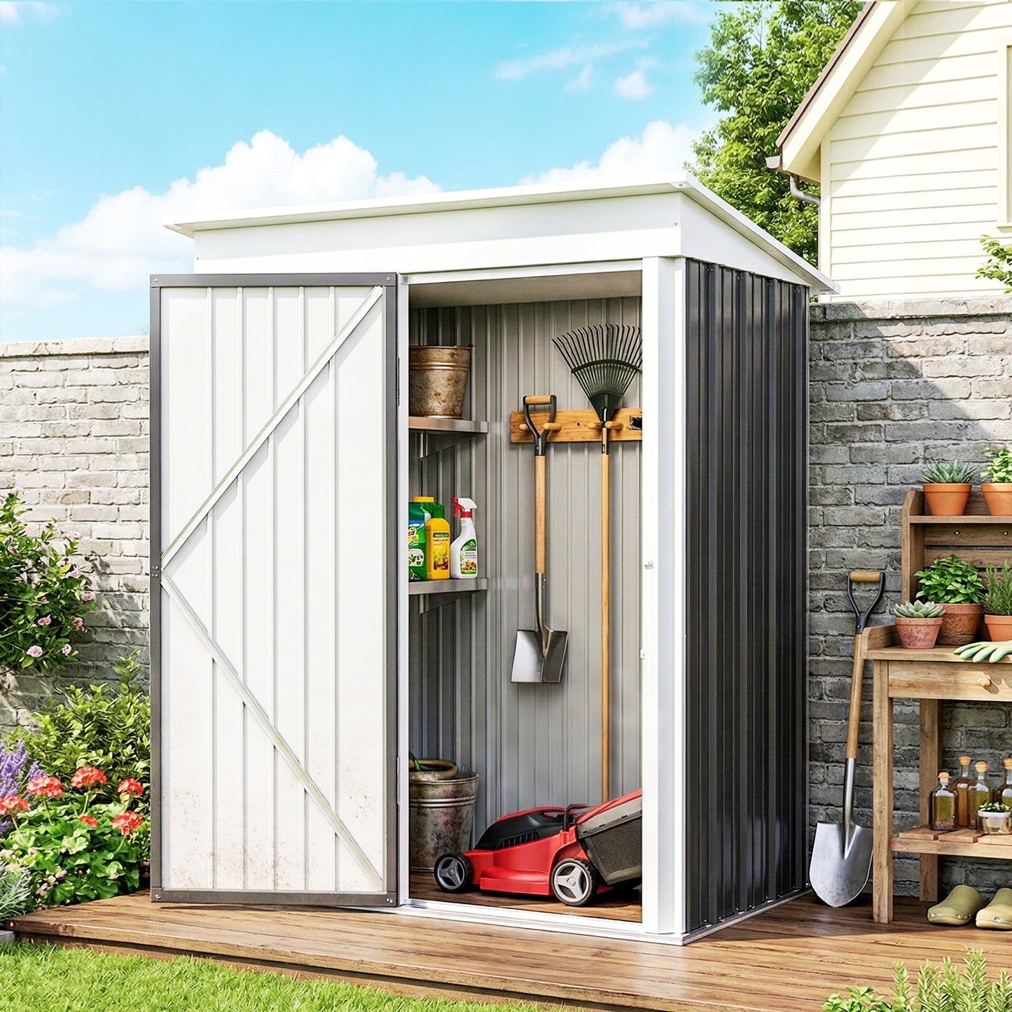 Metal Garden Shed, Outdoor Lean-to Shed for Tool Motor Bike, with Adjustable Shelf, Lock, Gloves, 5'x3'x6', Dark Grey