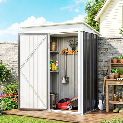 Metal Garden Shed, Outdoor Lean-to Shed for Tool Motor Bike, with Adjustable Shelf, Lock, Gloves, 5'x3'x6', Dark Grey