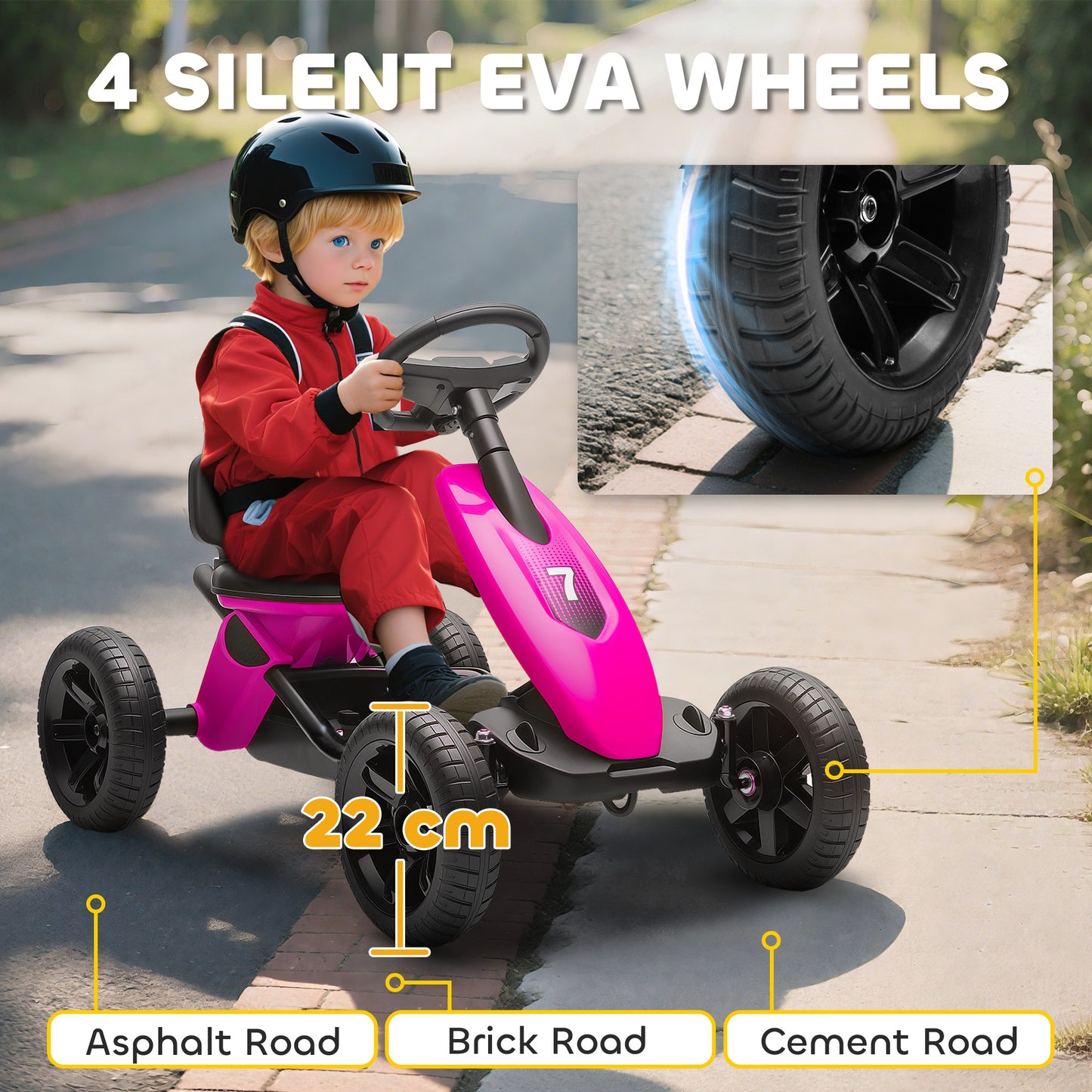 Pedal Go Kart for Kids 2-5 Years, with Silent EVA Wheels, Metal Frame, Pink