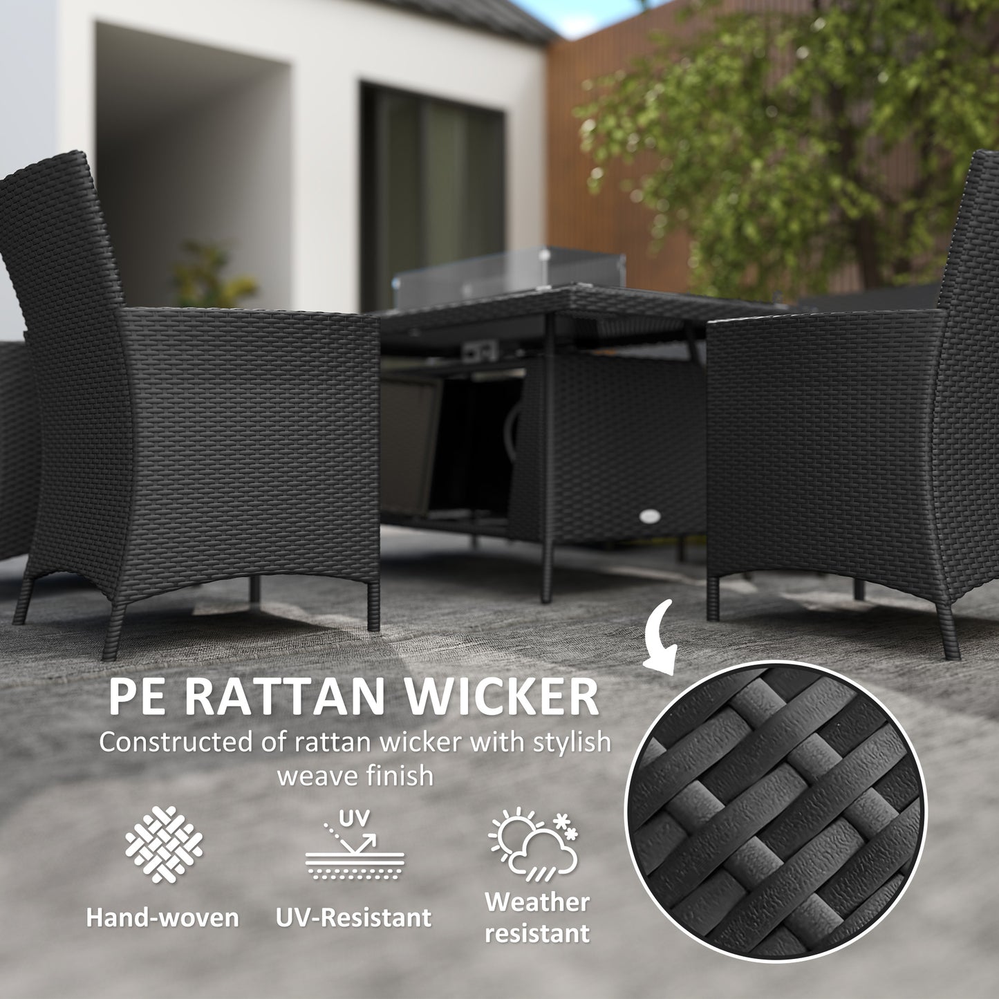 7 Pieces Outdoor Rattan Garden Furniture with Fire Pit Table, 6 Seater Garden Table and Chairs with Cushions