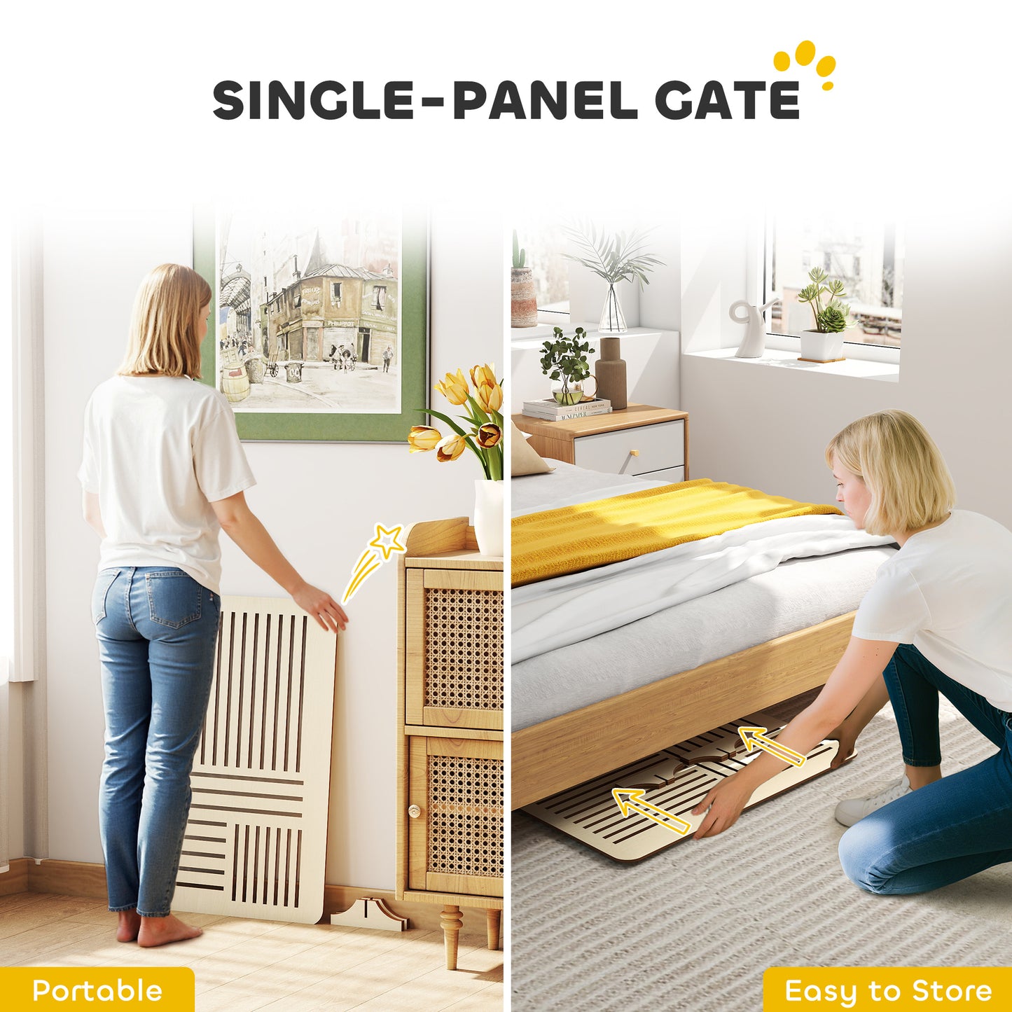 Freestanding Pet Gate, Portable Dog Barrier Gate with Feet for Small Breeds, 75 x 51 cm, Natural Wood