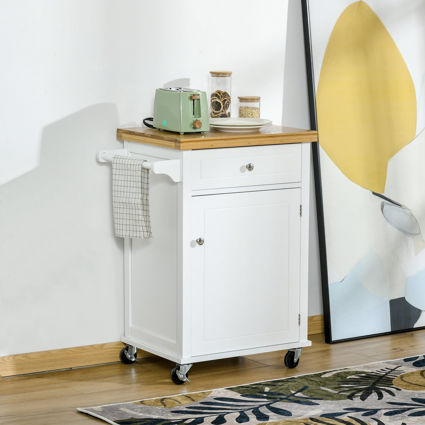 Kitchen Storage Trolley on Wheels with Bamboo Worktop, Rolling Kitchen Island Cart with Drawer and Towel Rack for Dining Room