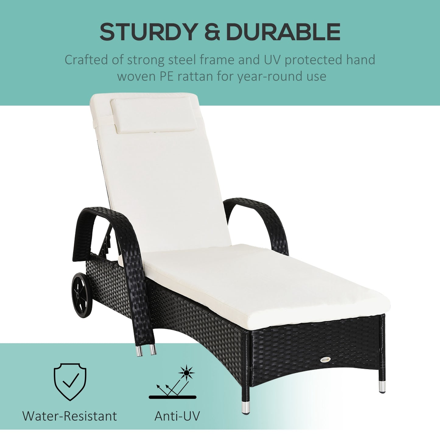 Rattan Sun Lounger, Garden Lounger Recliner with Wheels and Adjustable Backrest, Outdoor Reclining Sunbed Garden Chair